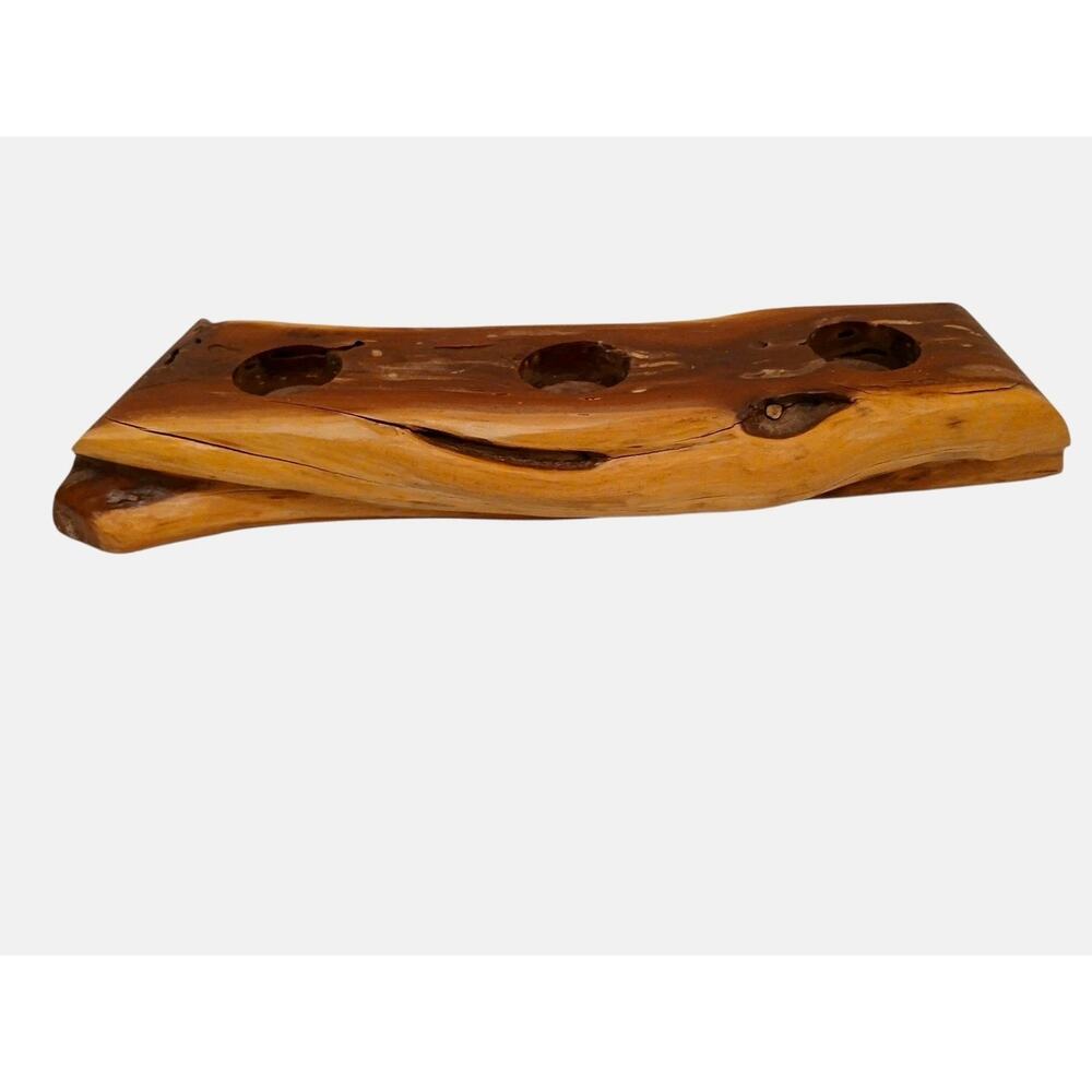 VNT Olive Tree Wood Candle‎ Holder 14" Tabletop Carved Rustic Natural Distressed